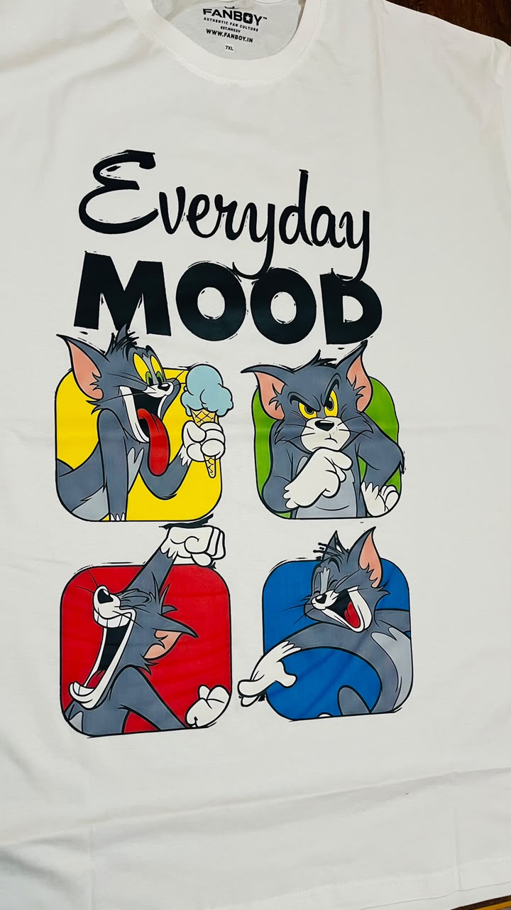 Everyday Mood white tee with four Tom panels printed on the front