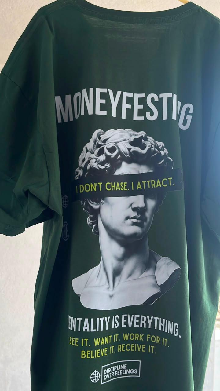 Moneyfesting back print with statue graphic on a green tee