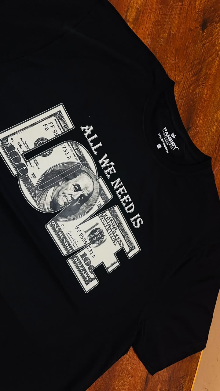 All We Need Is 500 dollar-bill print on a black tee