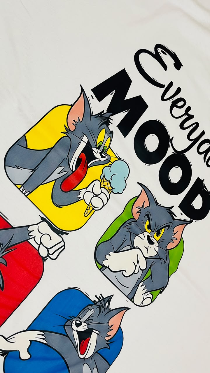 Everyday Mood Tom cartoon print detail on a white tee