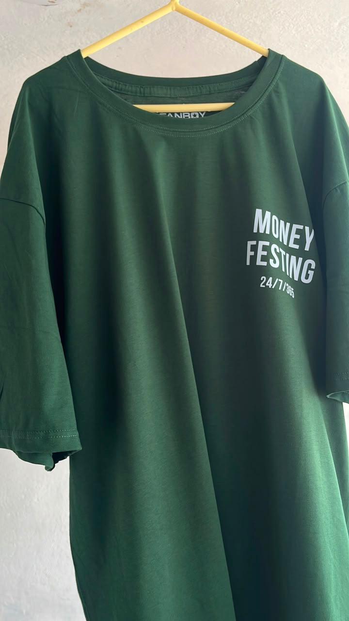 Money Festing bottle-green oversized tee on a hanger