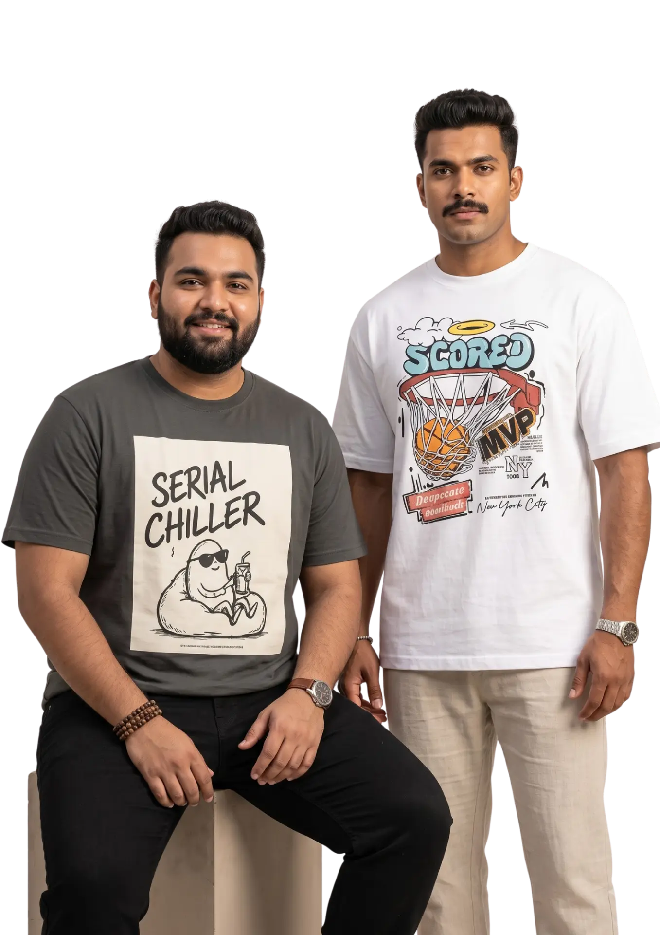 Two models of different body sizes wearing Fanboy printed T-shirts